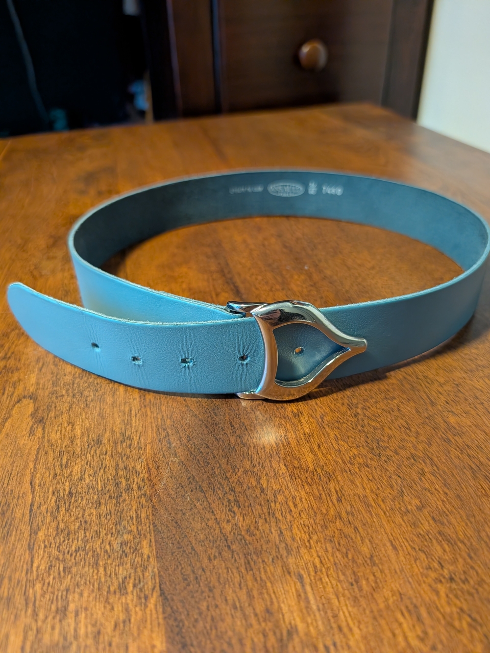 Vintage Baby Blue Leather Belt with Unique Silver Buckle